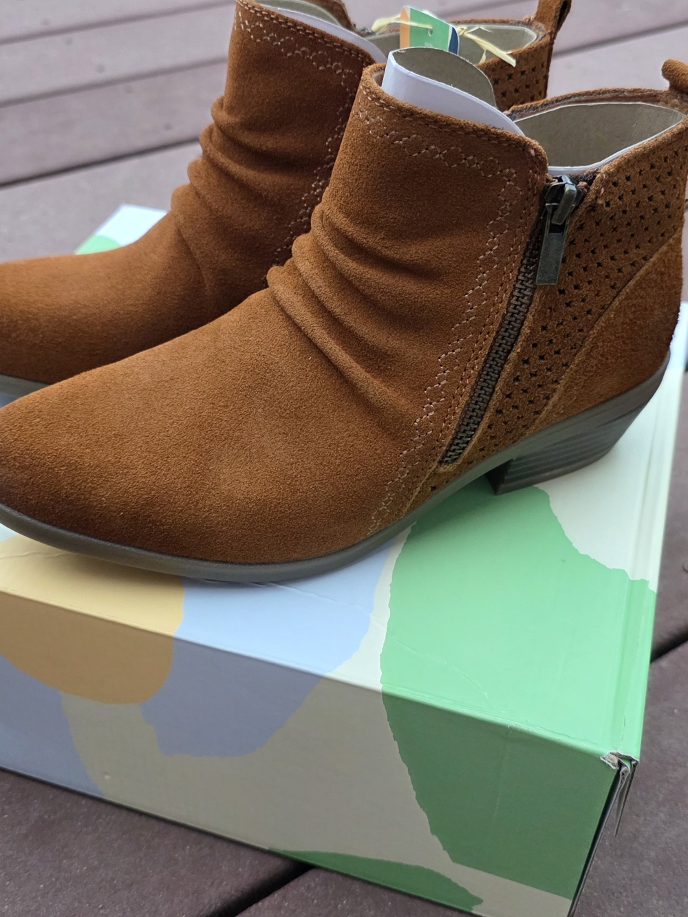 Earth Origins Women's Suede Ankle Booties in Chestnut Brown with Side Zip